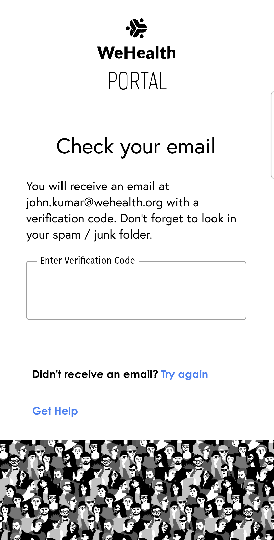 Portal by Hub sign in with verification code step 2